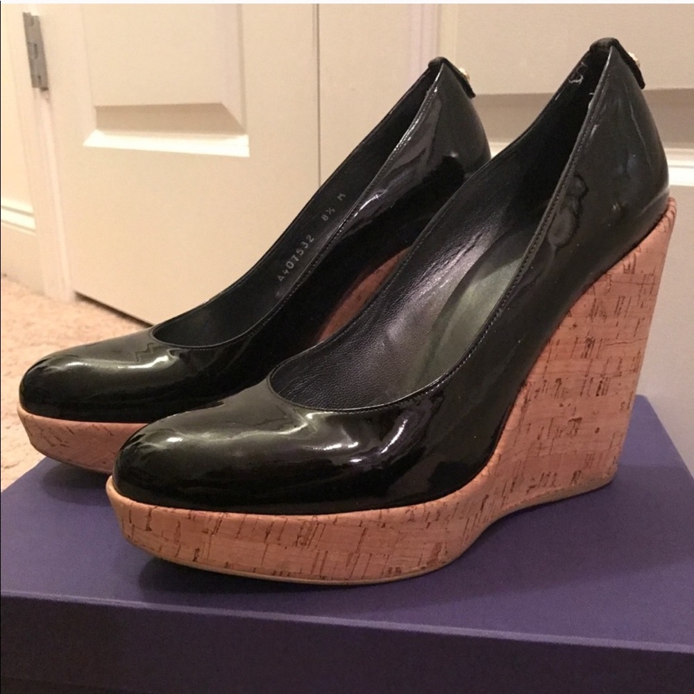 Stuart Weitzman Corkswoon Wedges in Black Patent